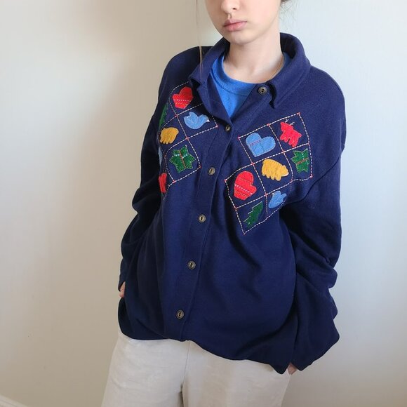 Vtg 80s Teddi Folk Art Appliqué Graphic Cardigan Women’s L Holiday Reindeer - Picture 2 of 11
